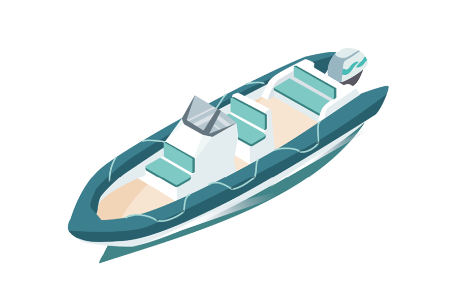 Isometric illustration of a small motorboat with seats, a control console, and an outboard motor, colored in teal and white. Ideal for showcasing your vessel when discussing Malo Yacht Insurance.