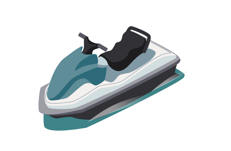 Illustration of a personal watercraft, also known as a jet ski, with a teal and gray color scheme on a white background. Perfect for highlighting the adventurous spirit in Malo Yacht Insurance’s coverage portfolio.
