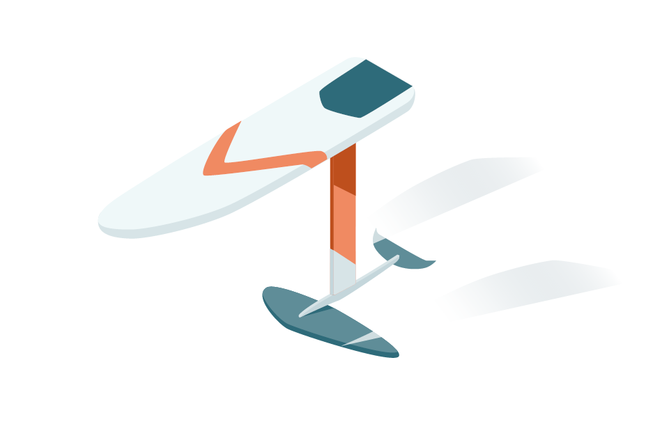 Illustration of a white windsurfing hydrofoil board with blue and orange accents, and a large fin for lift and stability. Perfect for adventurous sailors, this image encapsulates the spirit of freedom on the water—now imagine it protected by Malo Yacht Insurance.