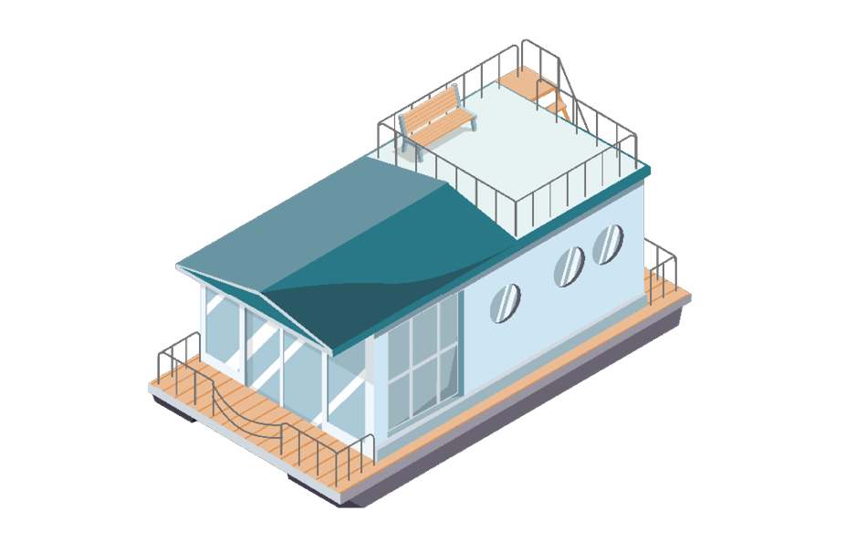 Isometric illustration of a modern houseboat with two circular windows, a rooftop deck, and a partially covered front porch, showcasing the ideal vessel for which you'd want Malo Yacht Insurance.