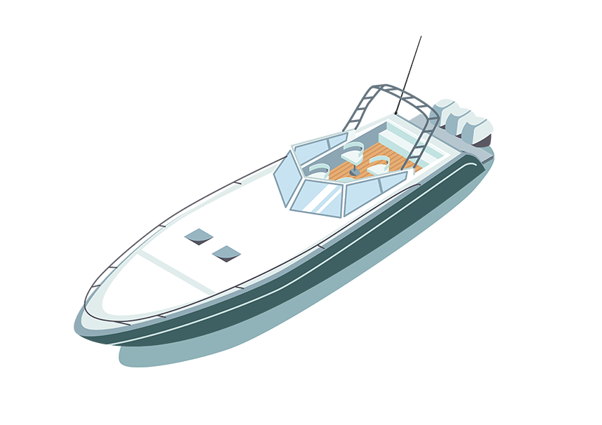 Illustration of a white speedboat on water, featuring a front deck, seated area, and a ladder at the rear.